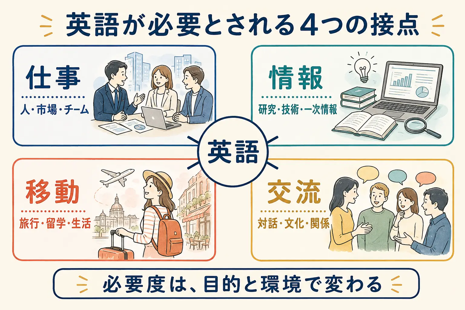 仕事・情報・移動・交流という英語が必要とされる4つの接点