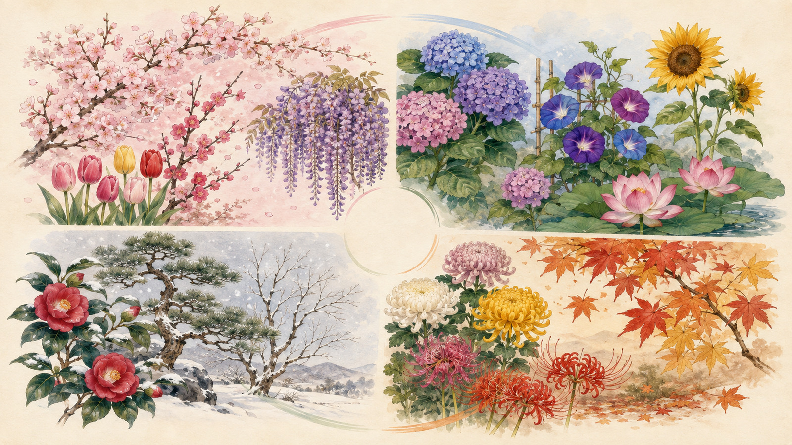 春夏秋冬を代表する花と植物の英語学習イラスト