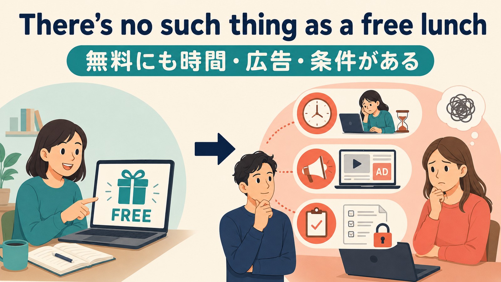 There’s no such thing as a free lunch.のニュアンス解説イラスト