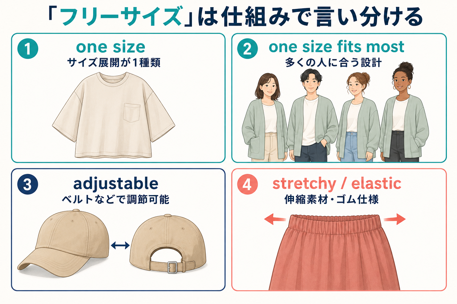 フリーサイズをone size、one size fits most、adjustable、stretchyに言い分ける解説図