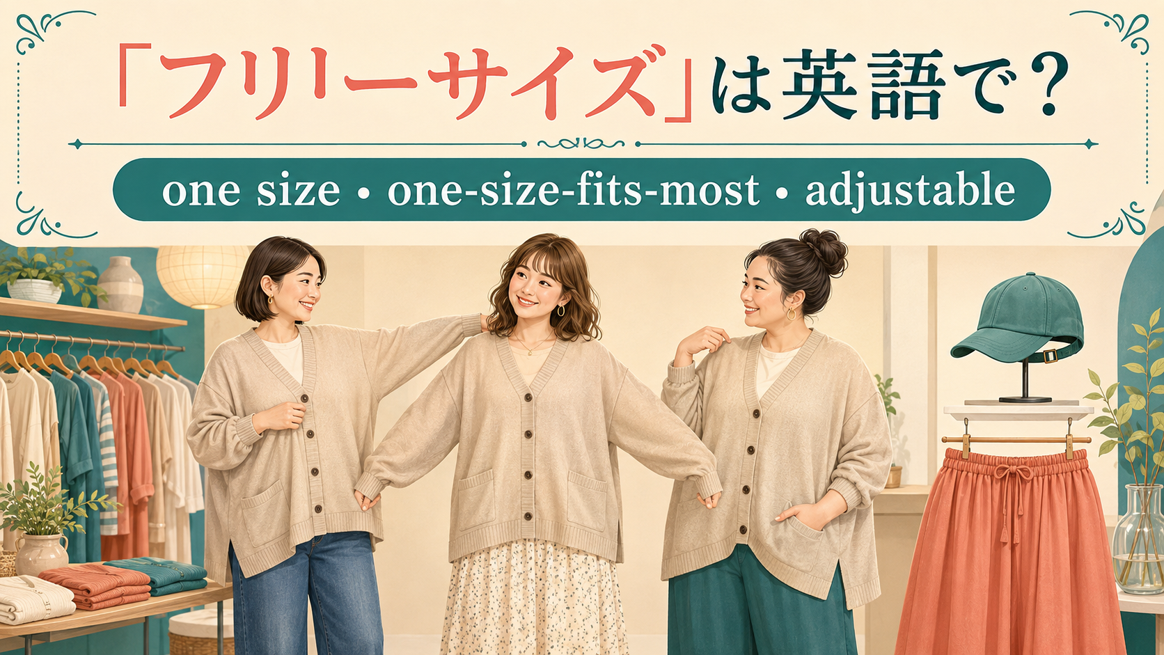 「フリーサイズ」は英語で？one size、one size fits most、adjustableを示す衣服と帽子のイラスト