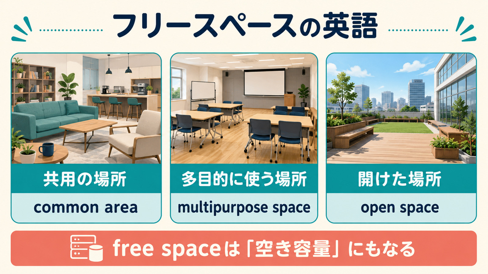 フリースペースをcommon area・multipurpose space・open spaceに使い分ける図
