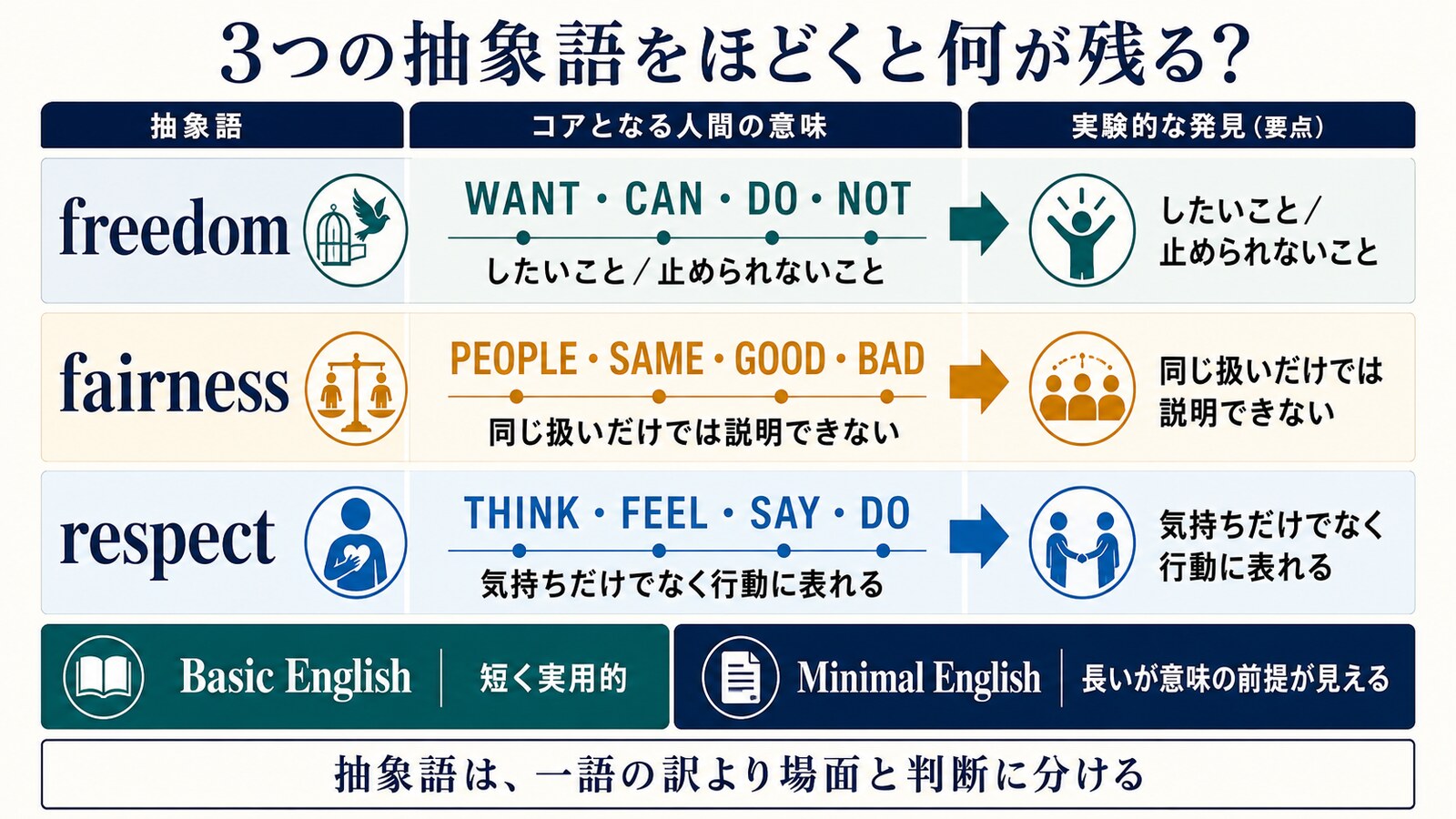 freedom・fairness・respectに含まれる基本的な意味の比較図