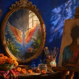 鏡に映る翼と絵具や花でフリーダ・カーロの創作世界を表現した画像