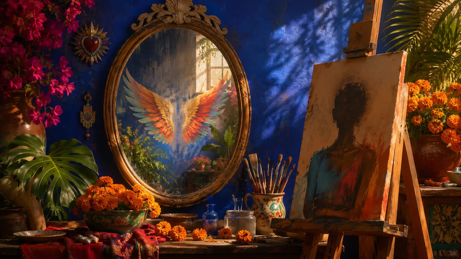 鏡に映る翼と絵具や花でフリーダ・カーロの創作世界を表現した画像