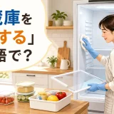 中身を出した冷蔵庫の中を拭く女性と「冷蔵庫を掃除するは英語で?」の文字