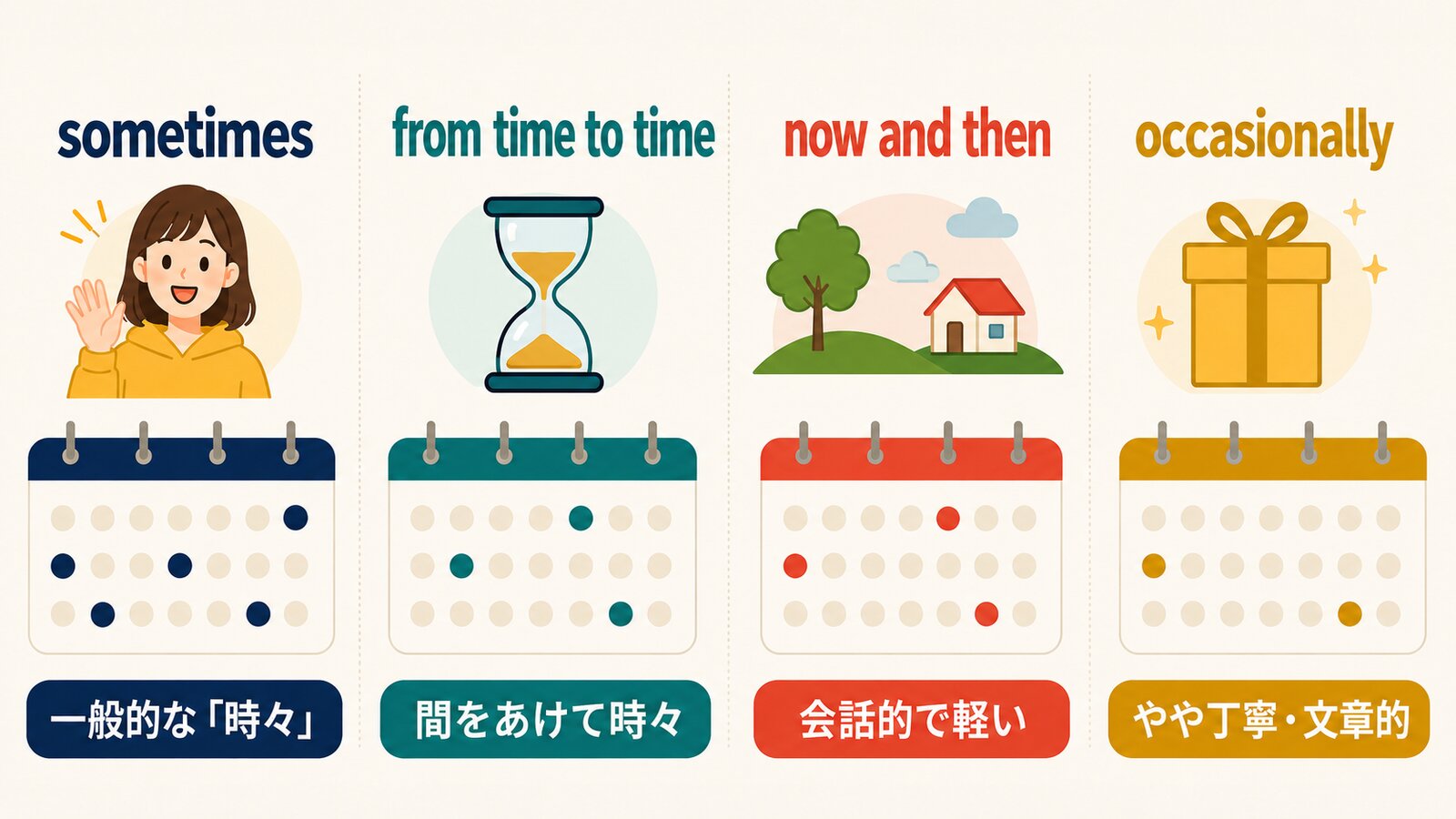 sometimes、from time to time、now and then、occasionallyのニュアンスを比較した図
