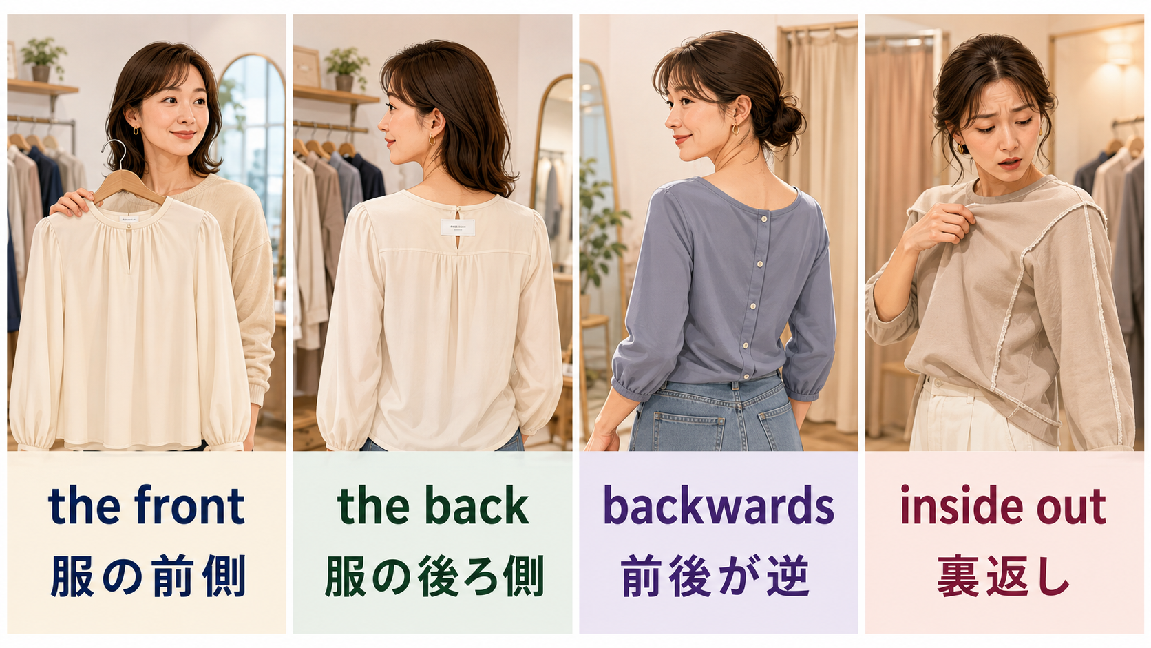 the front、the back、backwards、inside outの違い