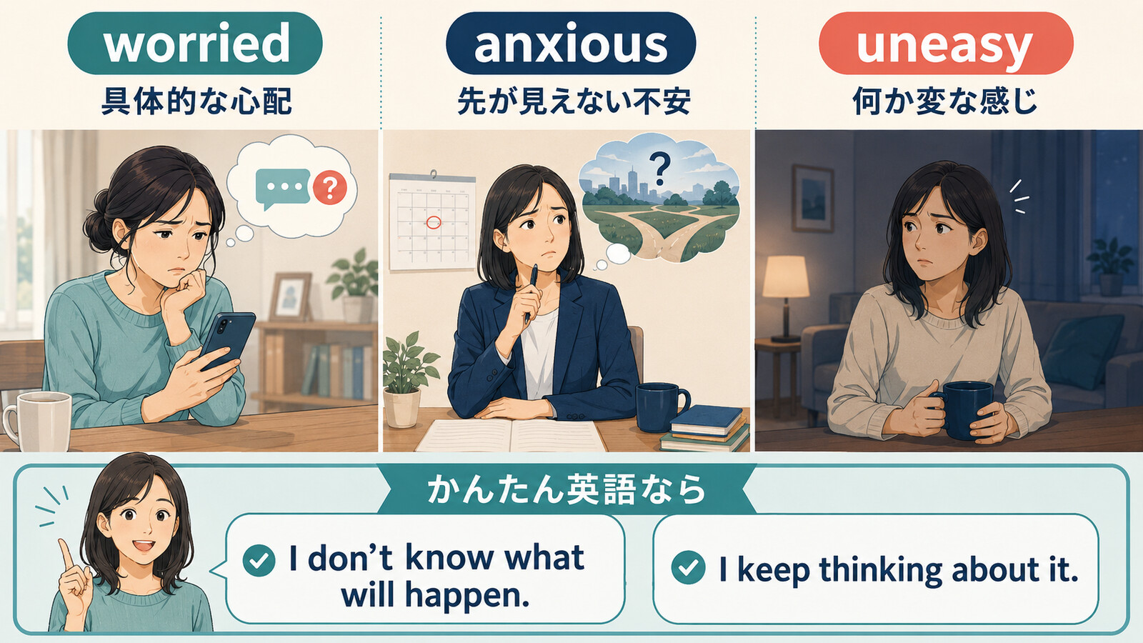 worried・anxious・uneasyの意味の違いと簡単な英語での言い換え