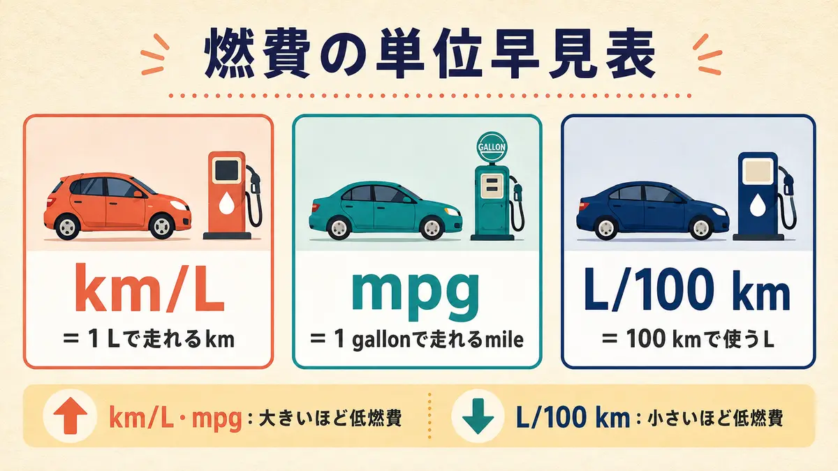 km/L・mpg・L/100 kmの意味と数字の見方をまとめた早見表