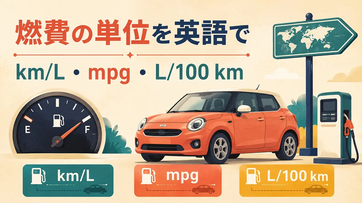 車とガソリンスタンドで燃費の単位 km/L・mpg・L/100 kmを表すイラスト