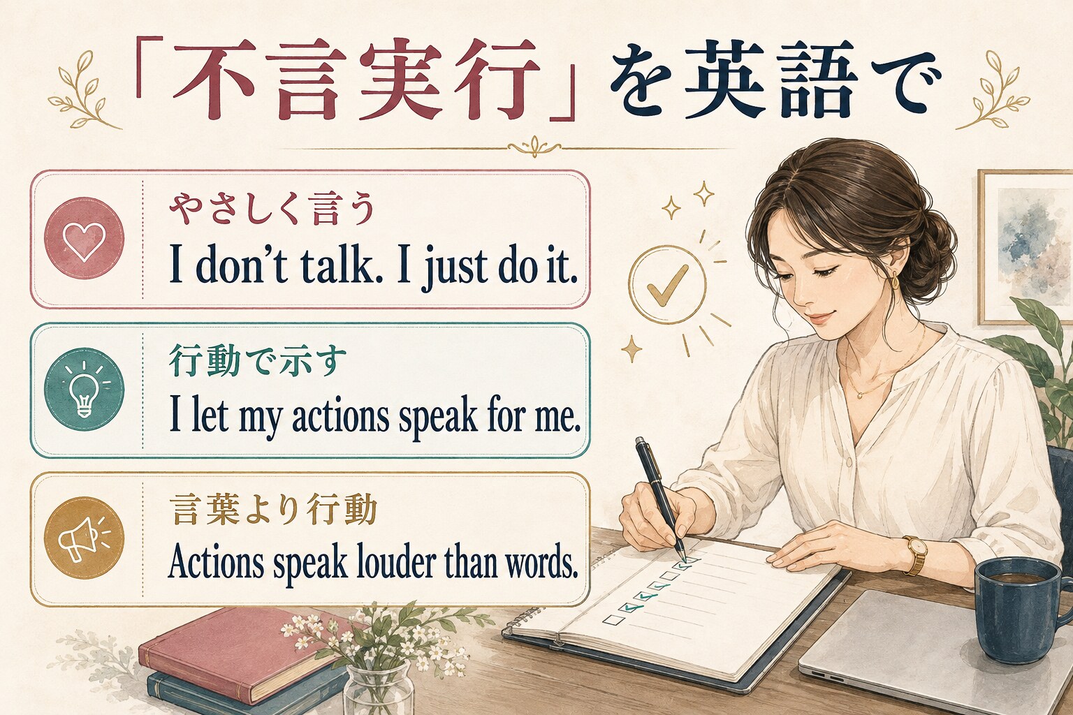 不言実行の初心者向け・行動で示す・言葉より行動の英語表現3選