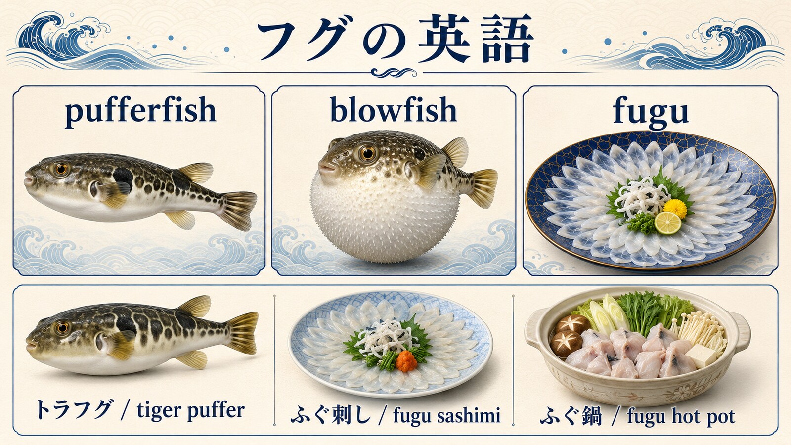 pufferfish・blowfish・fuguとトラフグ・ふぐ刺し・ふぐ鍋の英語を示す図解