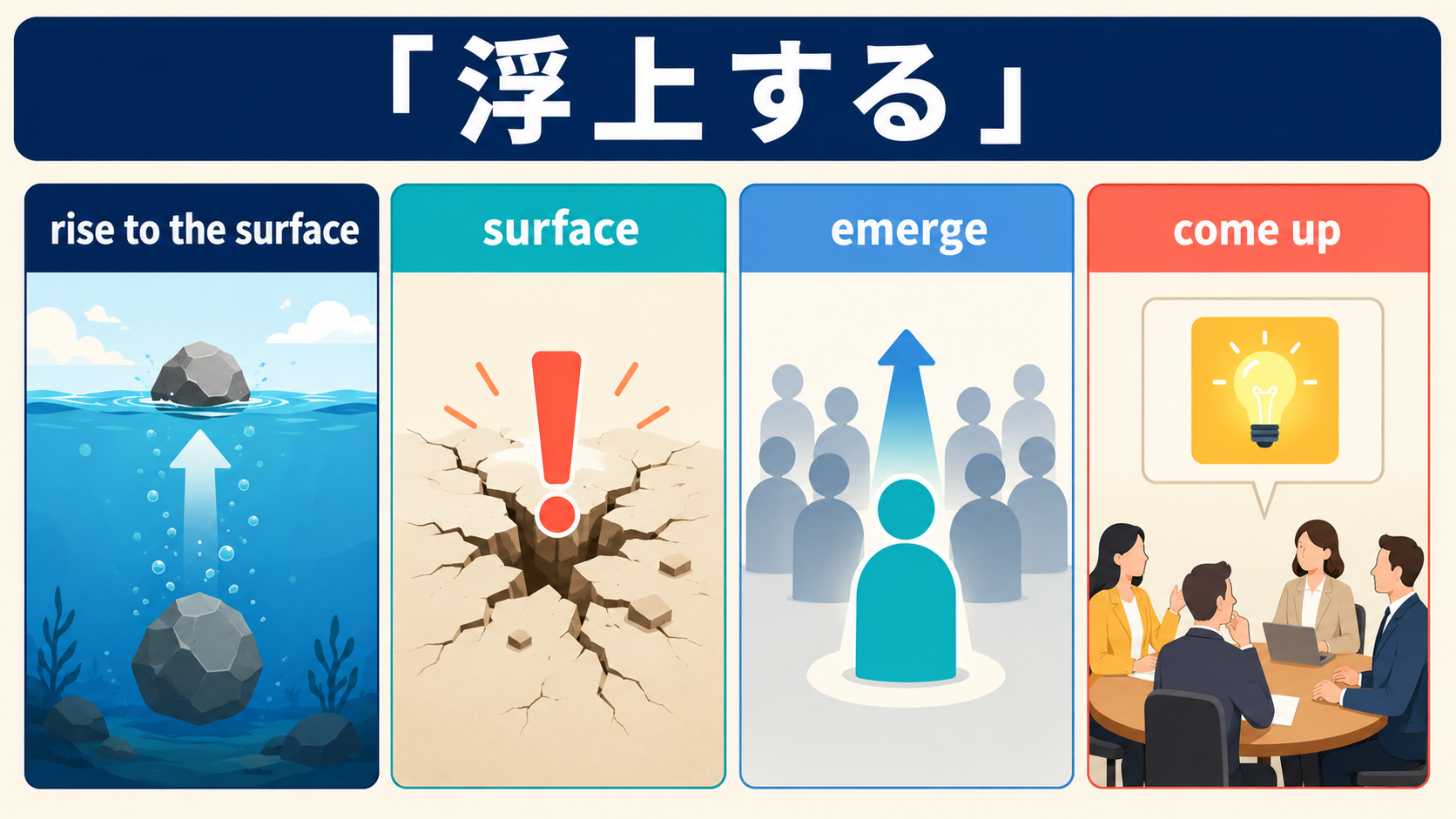 浮上するを表す rise to the surface、surface、emerge、come up の違い