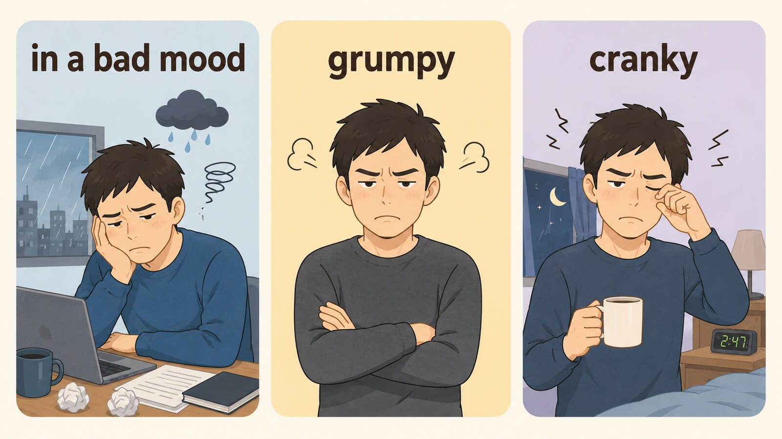 in a bad mood、grumpy、crankyの違いを表す3場面のイラスト