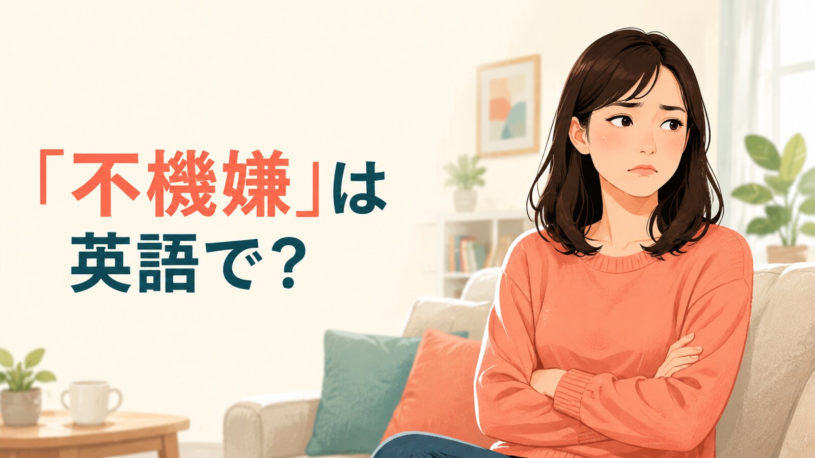 「不機嫌」は英語で？と腕を組んで不機嫌そうにする女性のイラスト