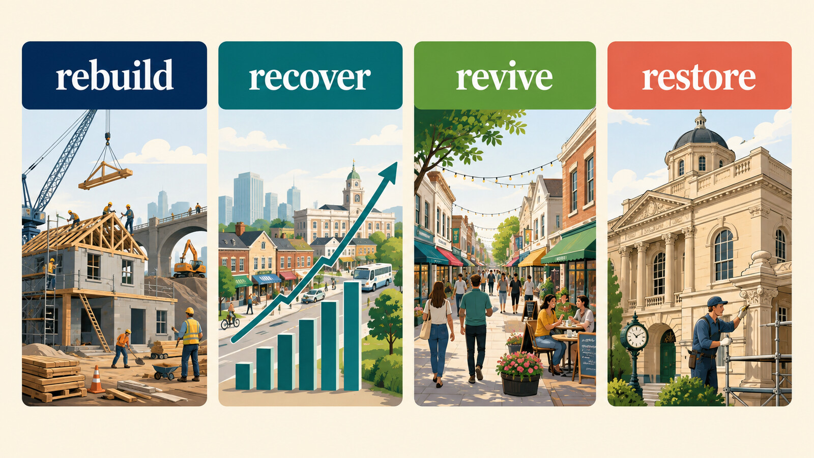 rebuild・recover・revive・restoreで「復興する」を使い分ける図