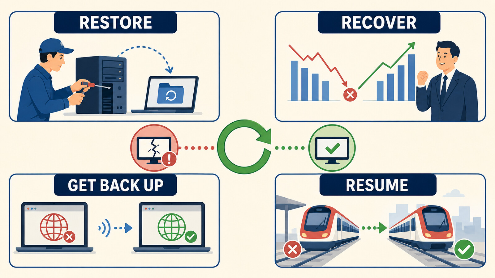 restore・recover・get back up・resumeの違いを示すイラスト