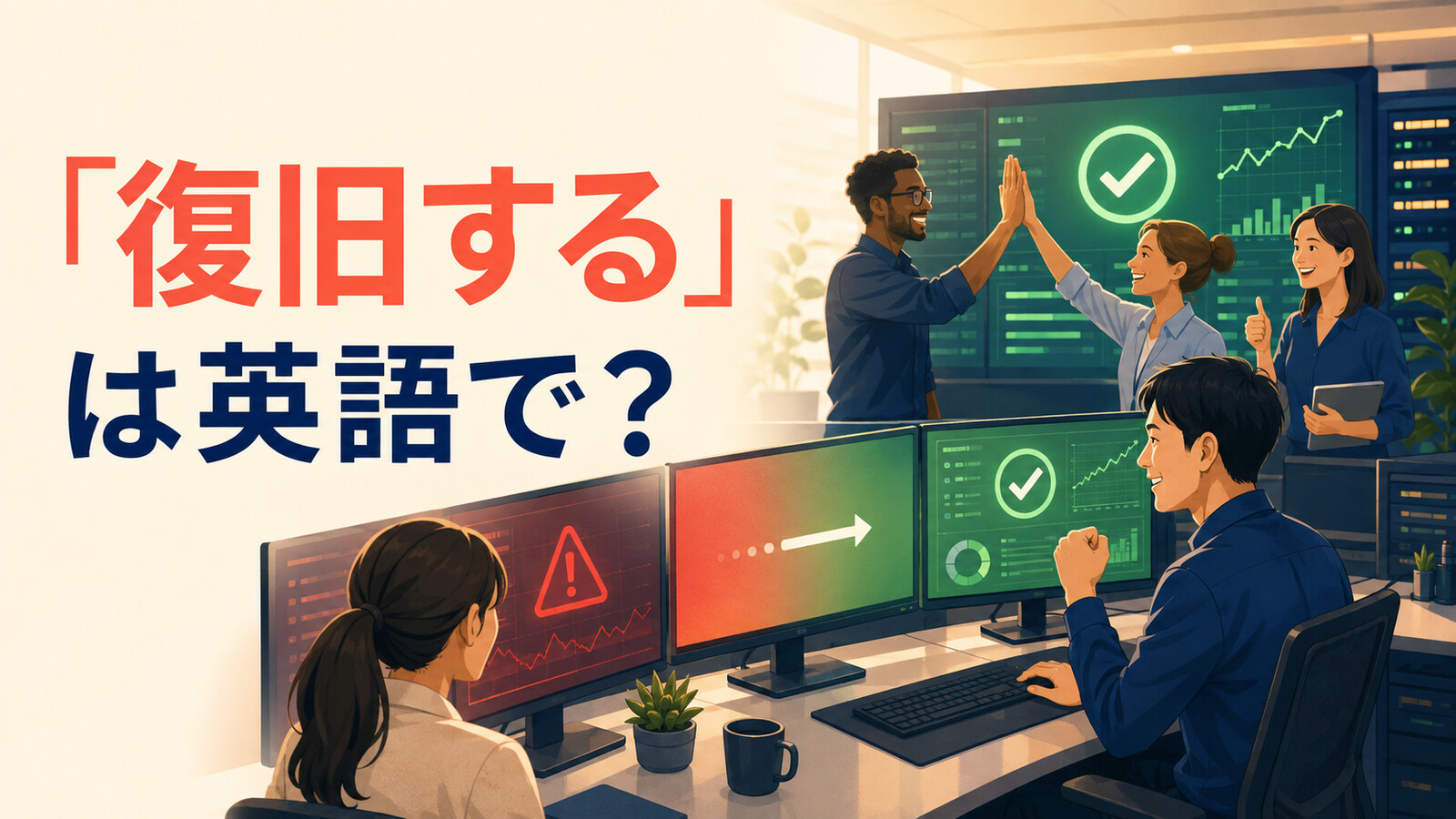 「復旧する」は英語で？停止したシステムを復旧するチームのイラスト