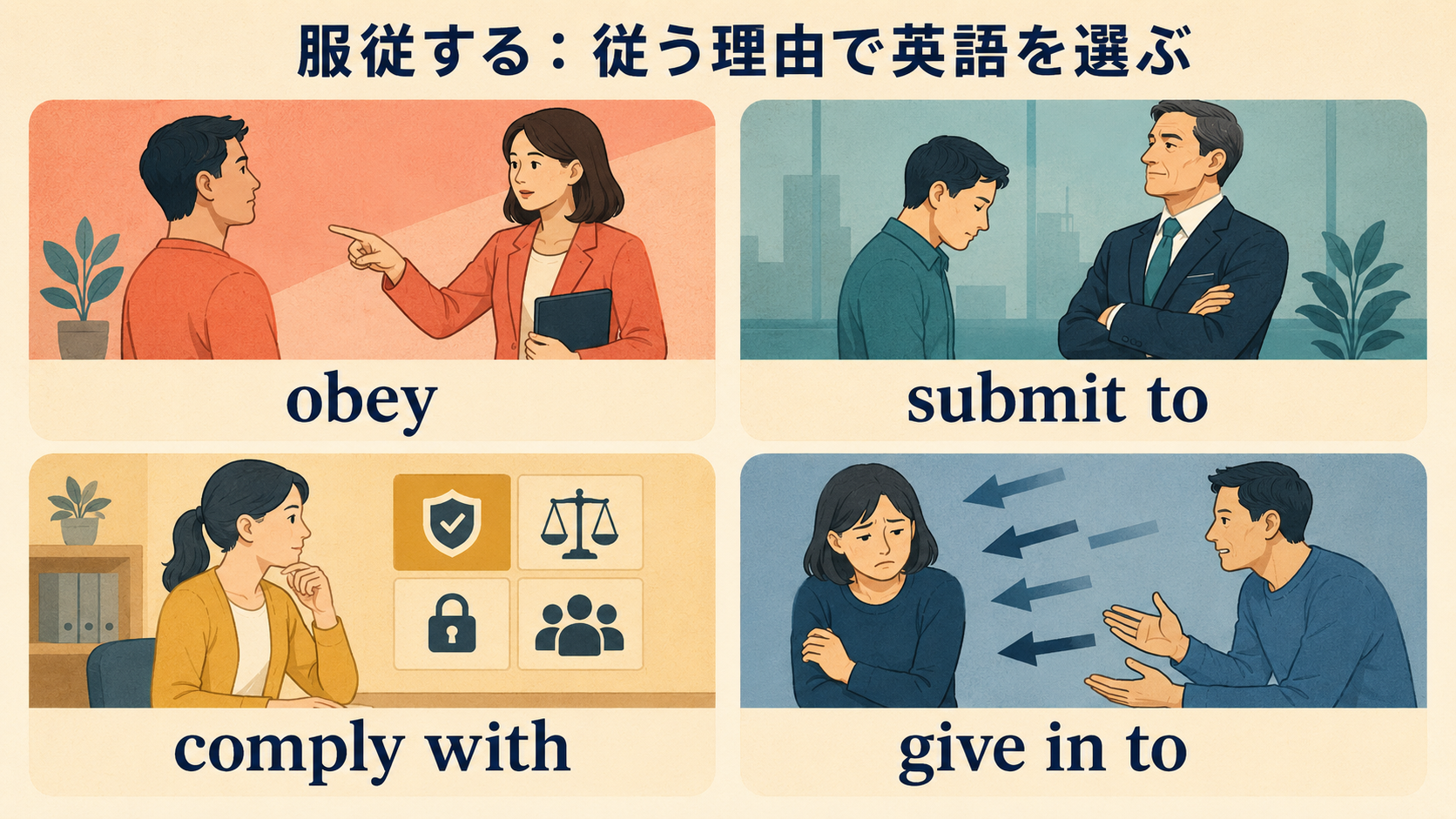 obey・submit to・comply with・give in toの違い