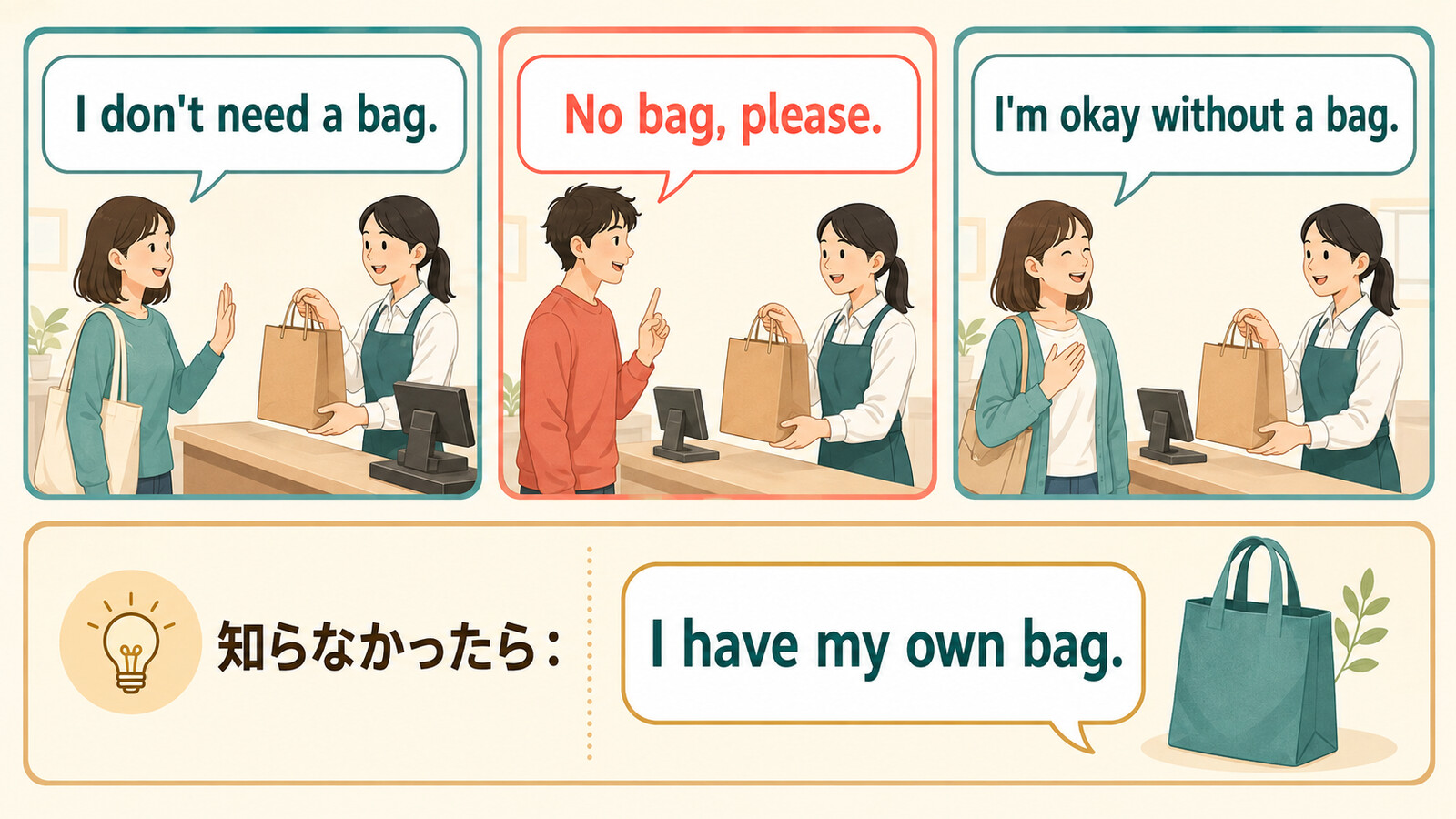 I don't need a bag、No bag please、I'm okay without a bagの違いと簡単な言い換え