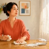 こぼれたミルクを片づけ、前向きに気持ちを切り替える女性のイラスト