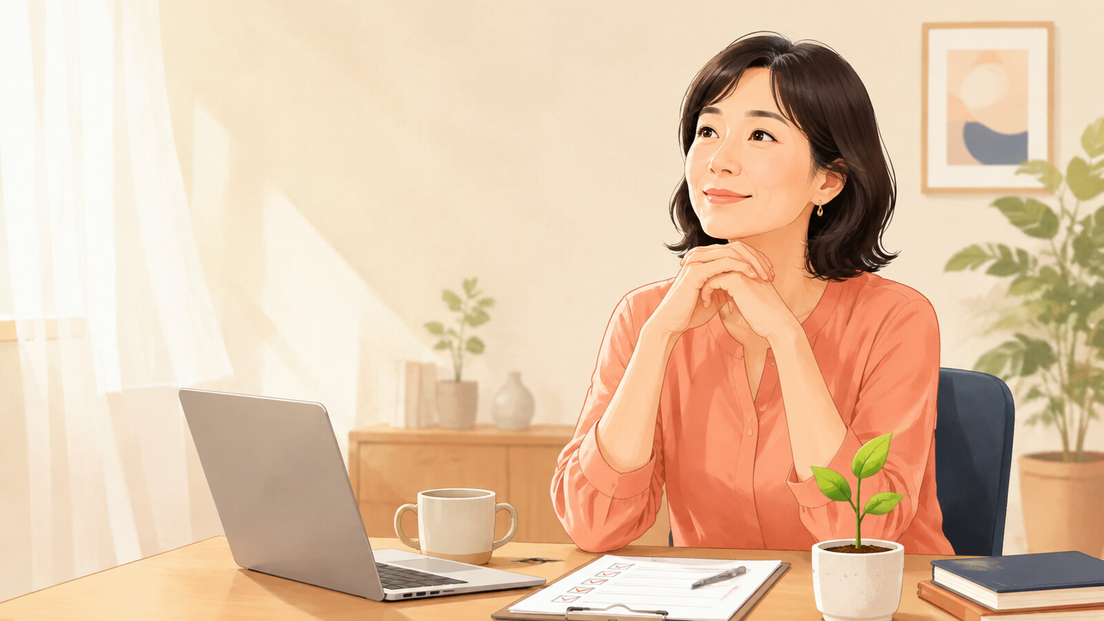 fulfillingな仕事を終えて充実感を得る女性のイラスト