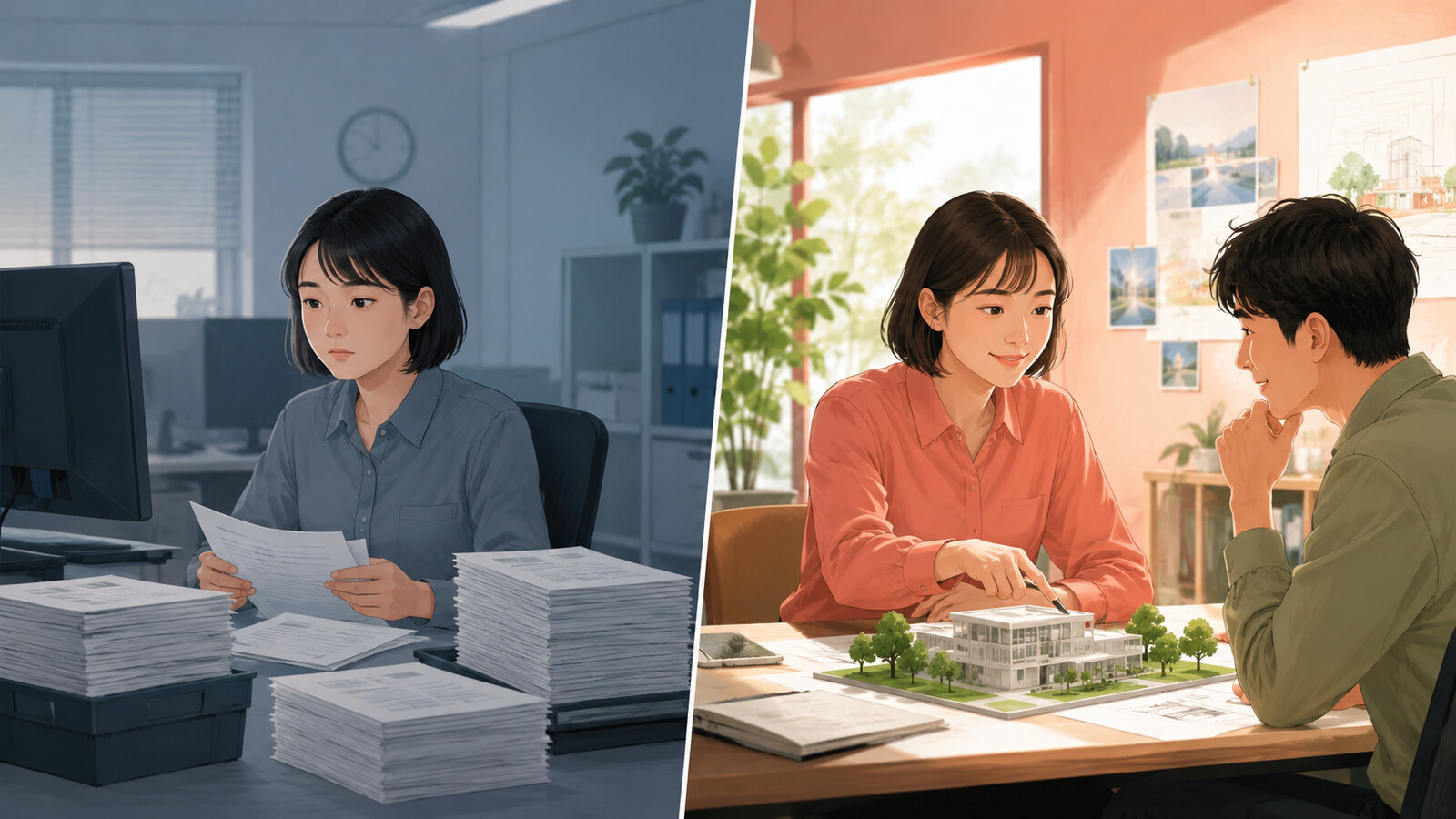 単に作業を終える場合とやりがいを感じる仕事を比較したイラスト