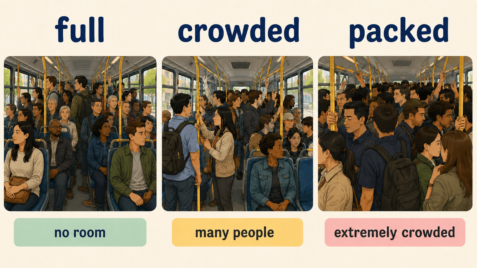 バスの混雑状況でfull、crowded、packedの違いを示す英語図解