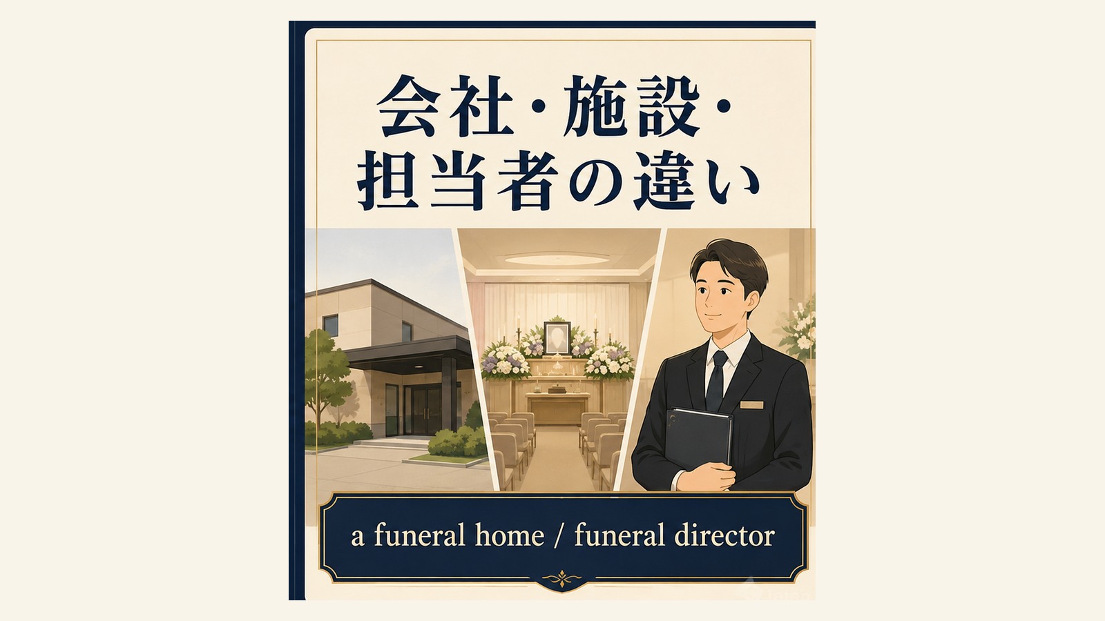 葬儀社の英語表現と使い分けを説明するイラスト