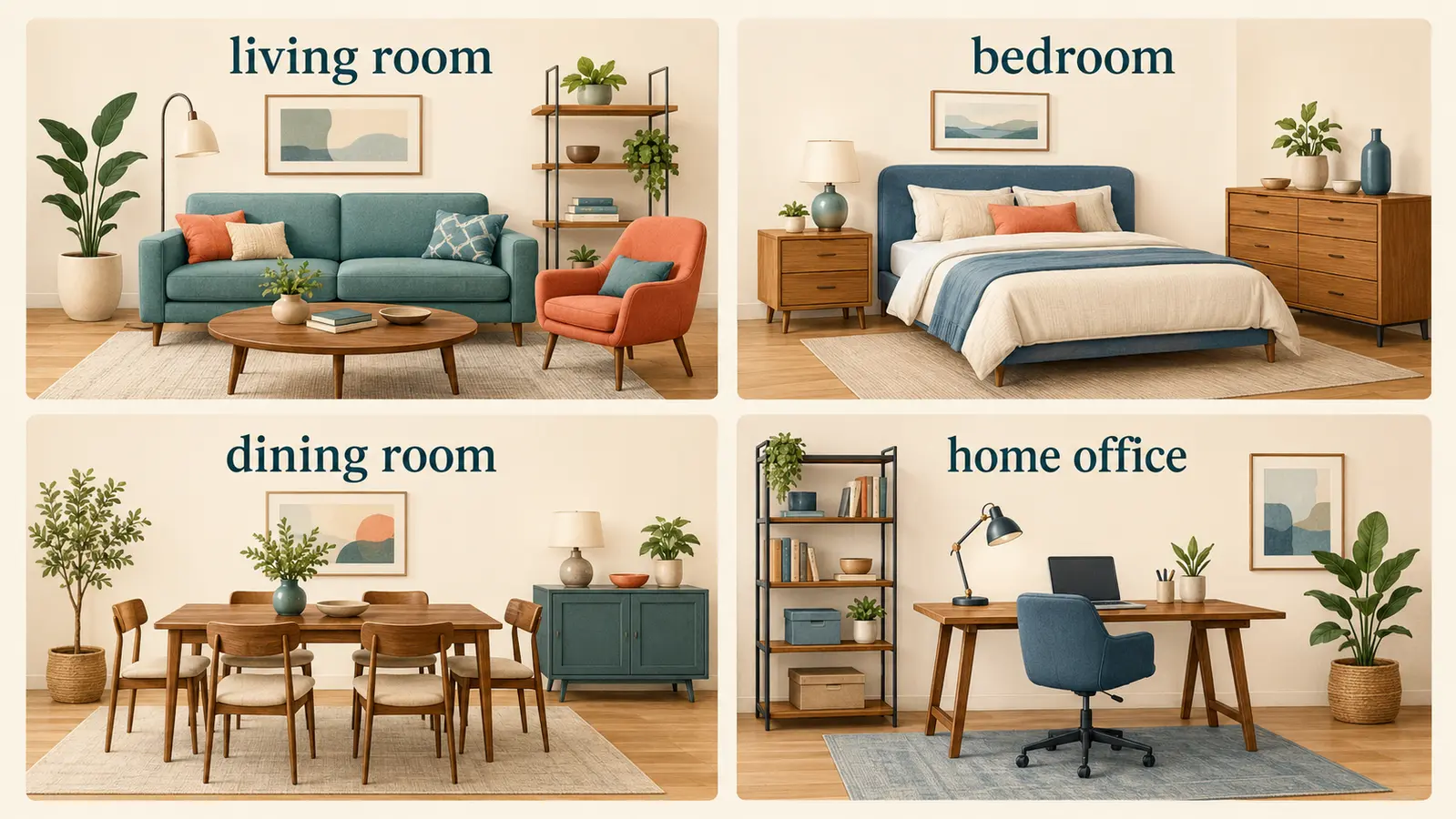living room・bedroom・dining room・home officeの家具を部屋別に示した図