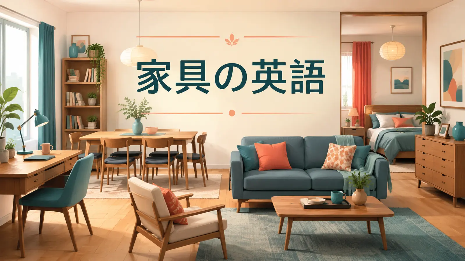 椅子・机・テーブル・ソファ・ベッド・棚・カーテンを描いた家具の英語のイラスト