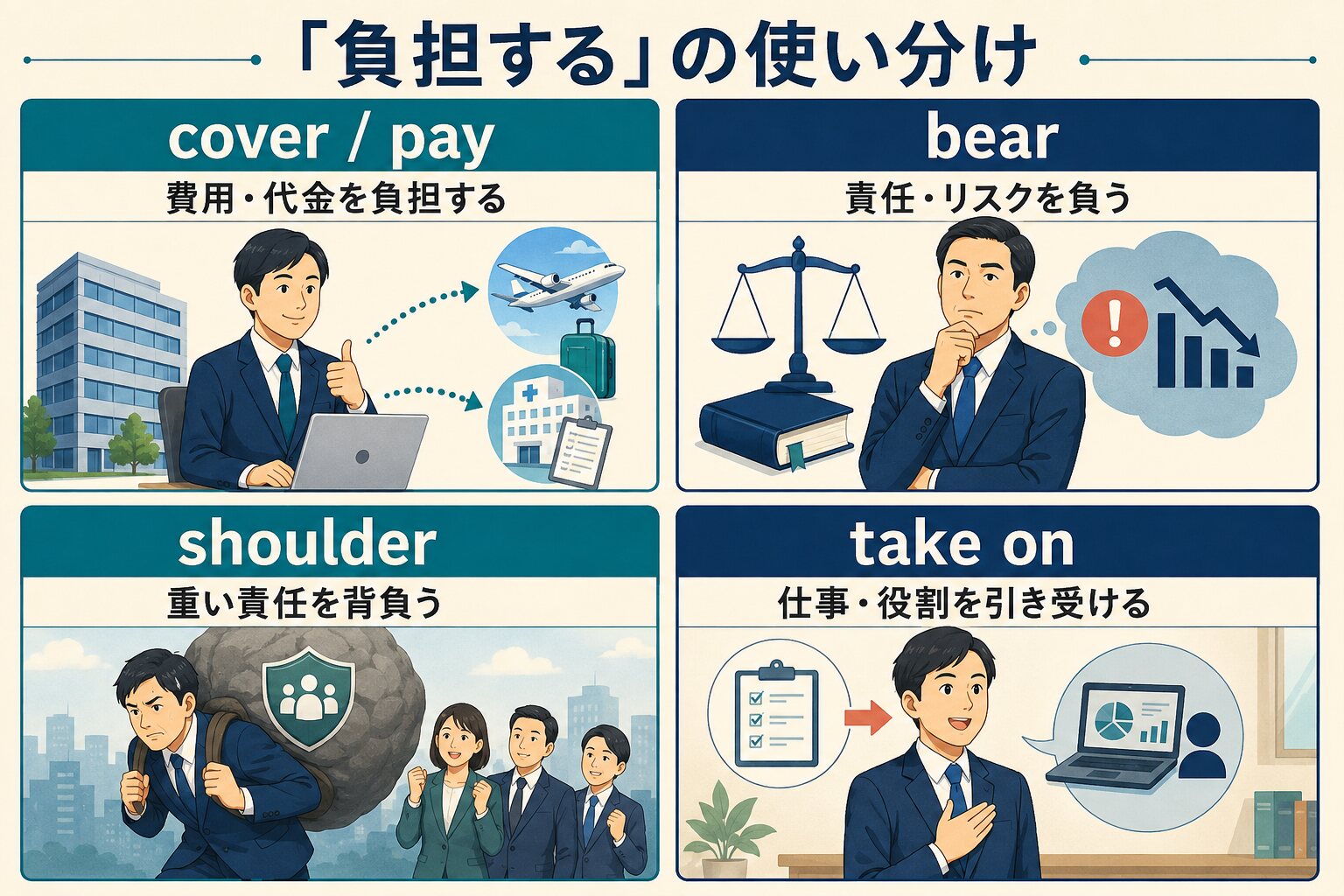 費用はcover pay、責任はbear、重い責任はshoulder、仕事はtake on