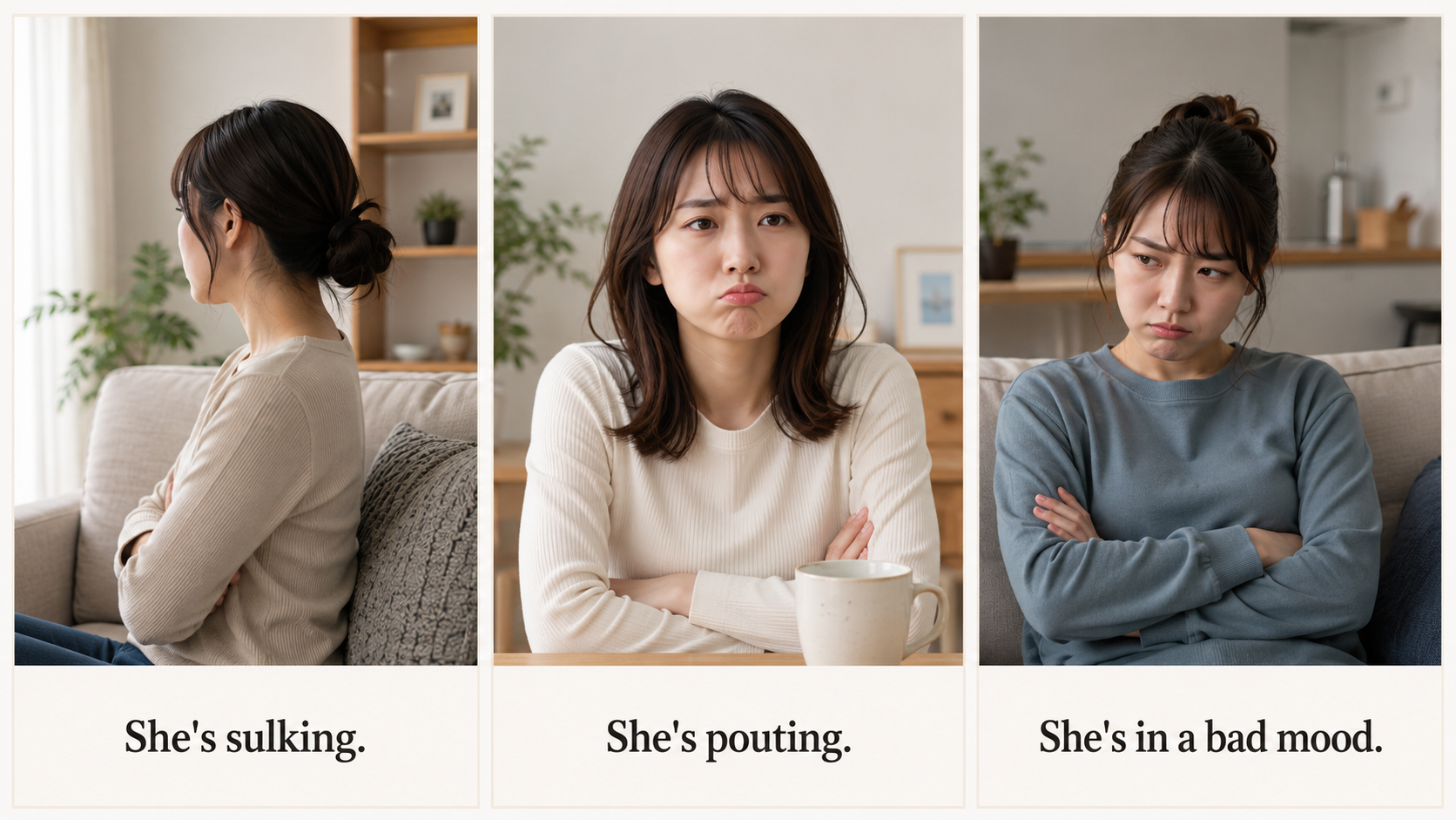 She's sulking、She's pouting、She's in a bad moodの違いを表す3場面のイラスト