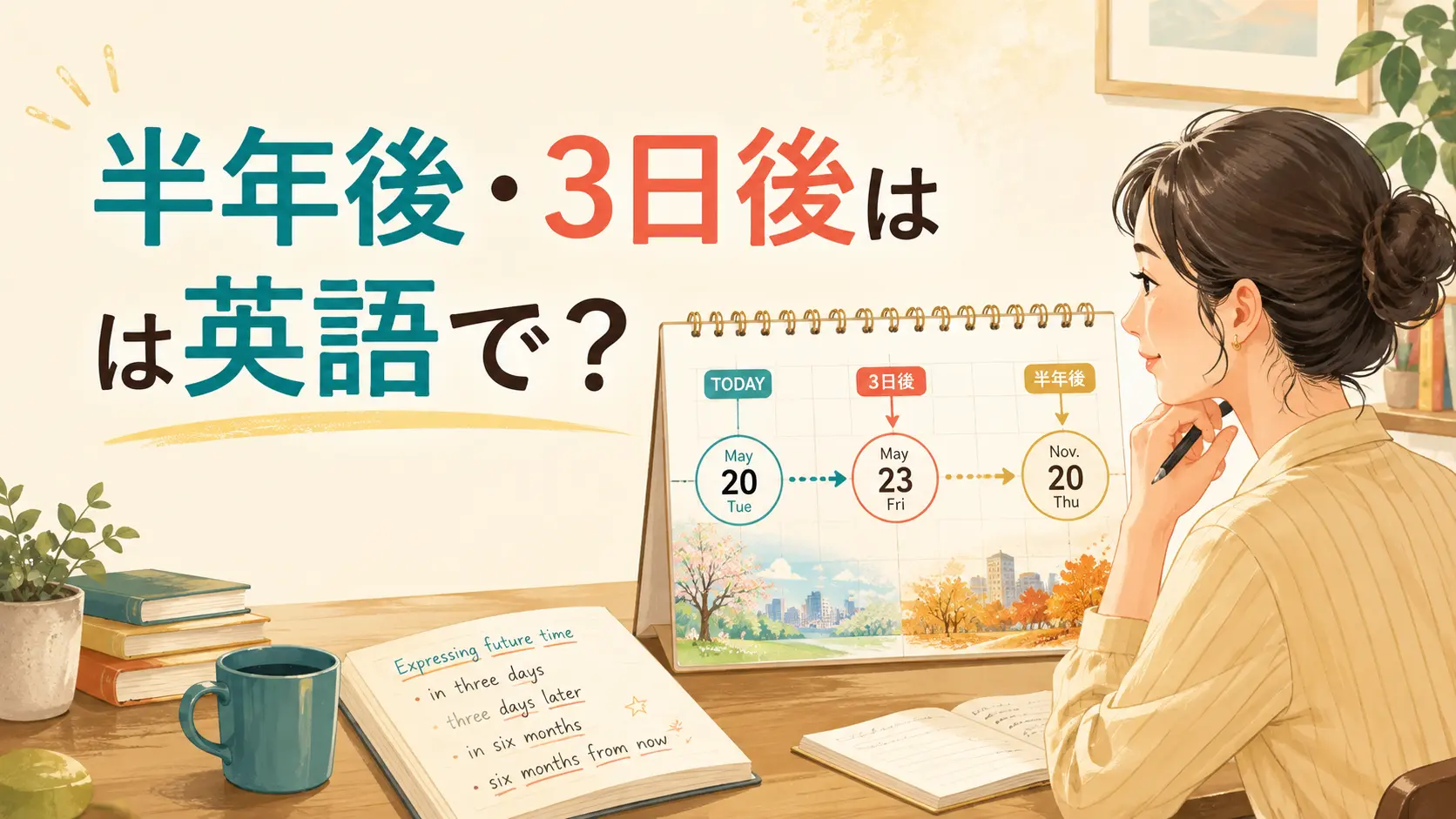 半年後・3日後の英語表現をカレンダーで学ぶイラスト