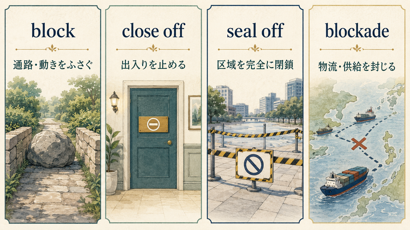 block・close off・seal off・blockadeの使い分け比較