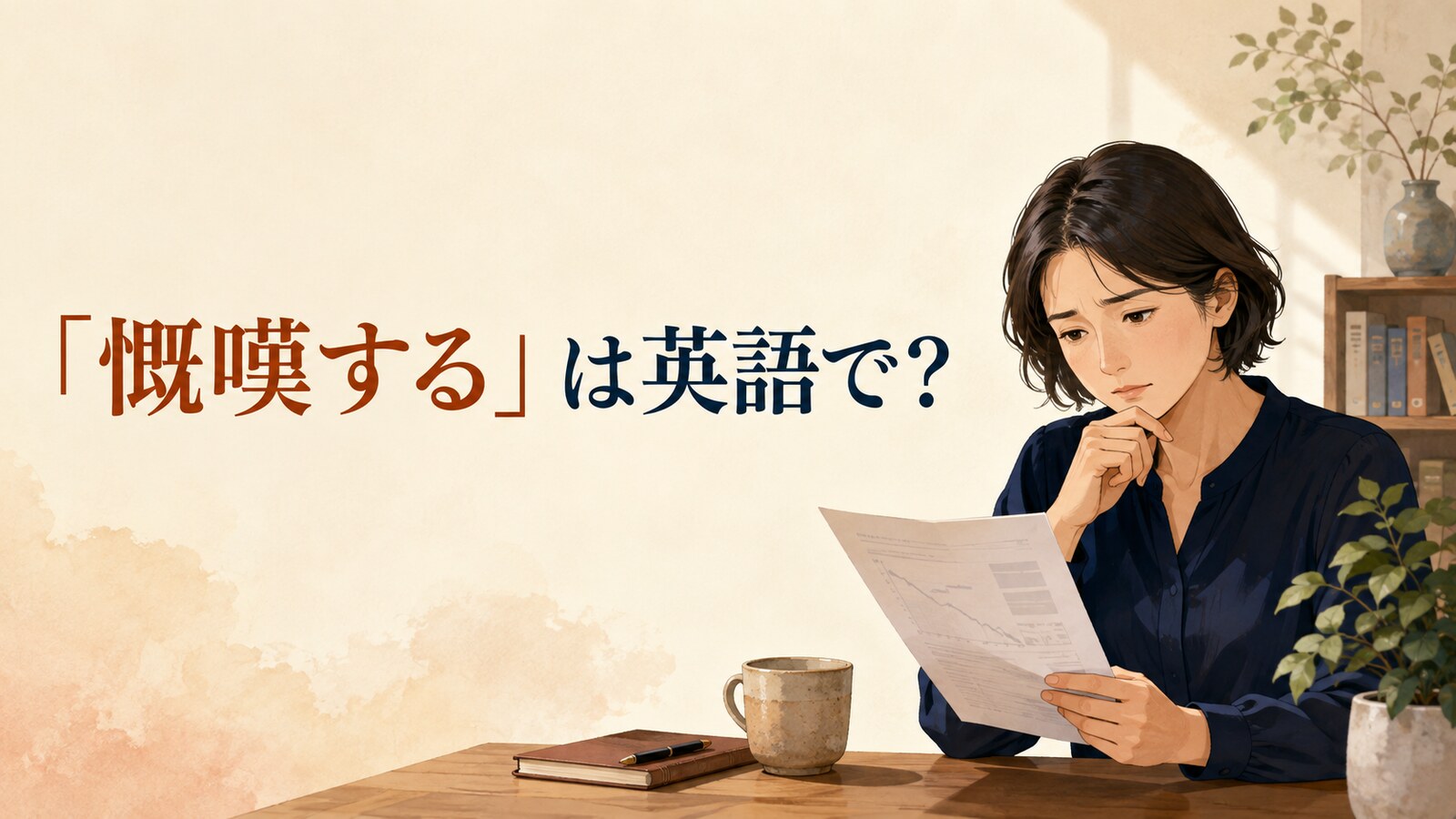 「慨嘆する」は英語で？と考えながら報告書を読む人物