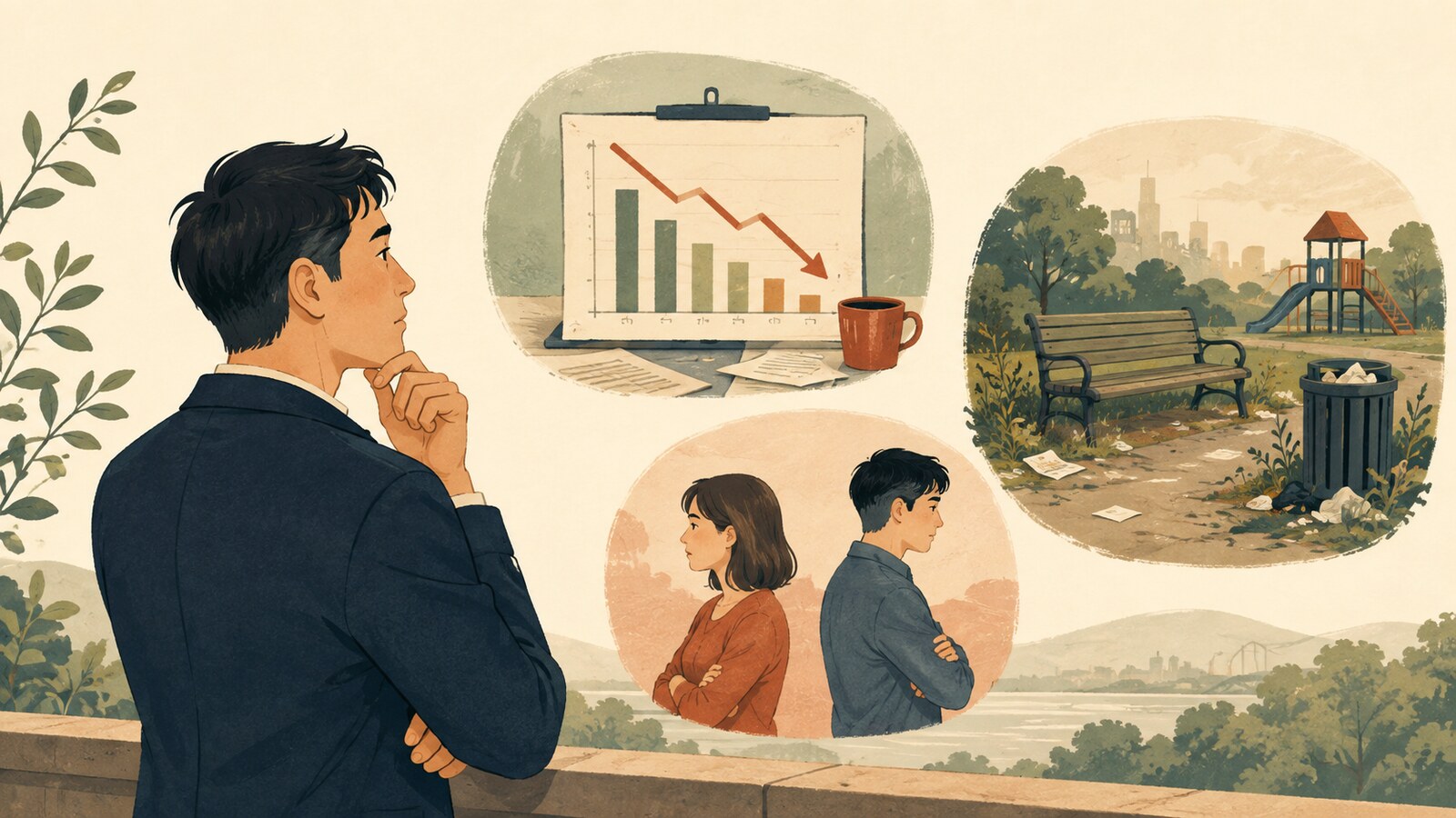 悪い状況を見て嘆き、残念に思う様子のイラスト