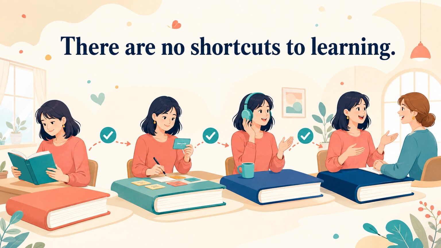 英語学習を一歩ずつ続ける様子を表したイラスト