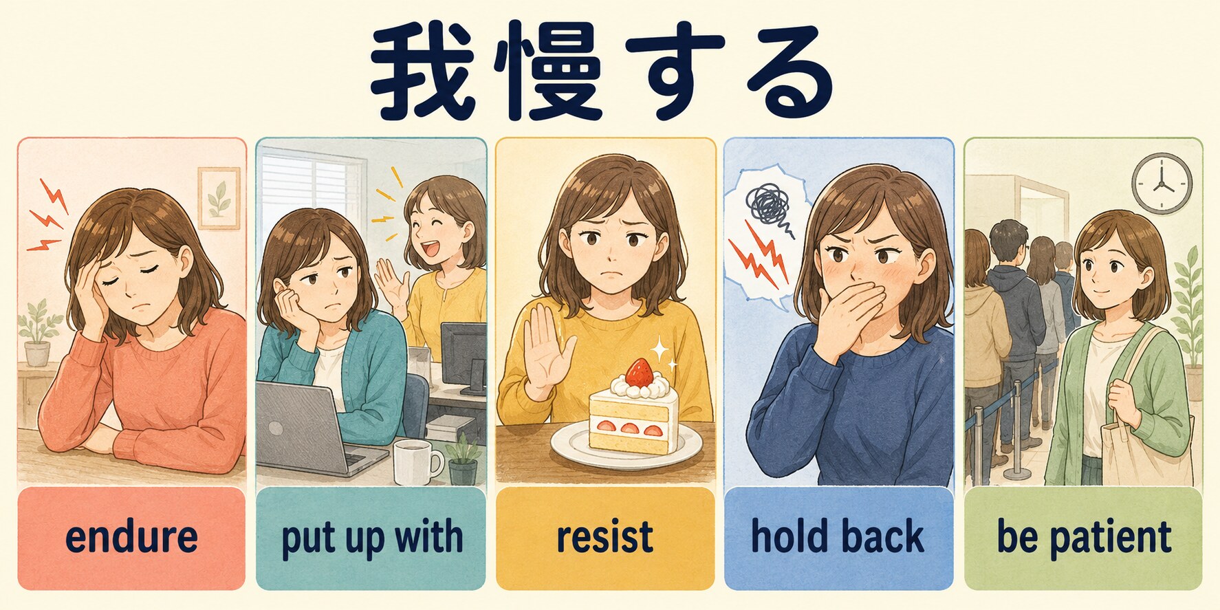 我慢するを表すendure、put up with、resist、hold back、be patientの使い分け