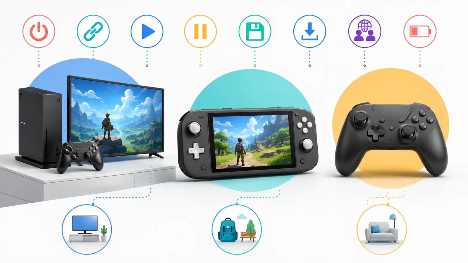 家庭用ゲーム機・携帯ゲーム機・コントローラーと基本操作を示す図
