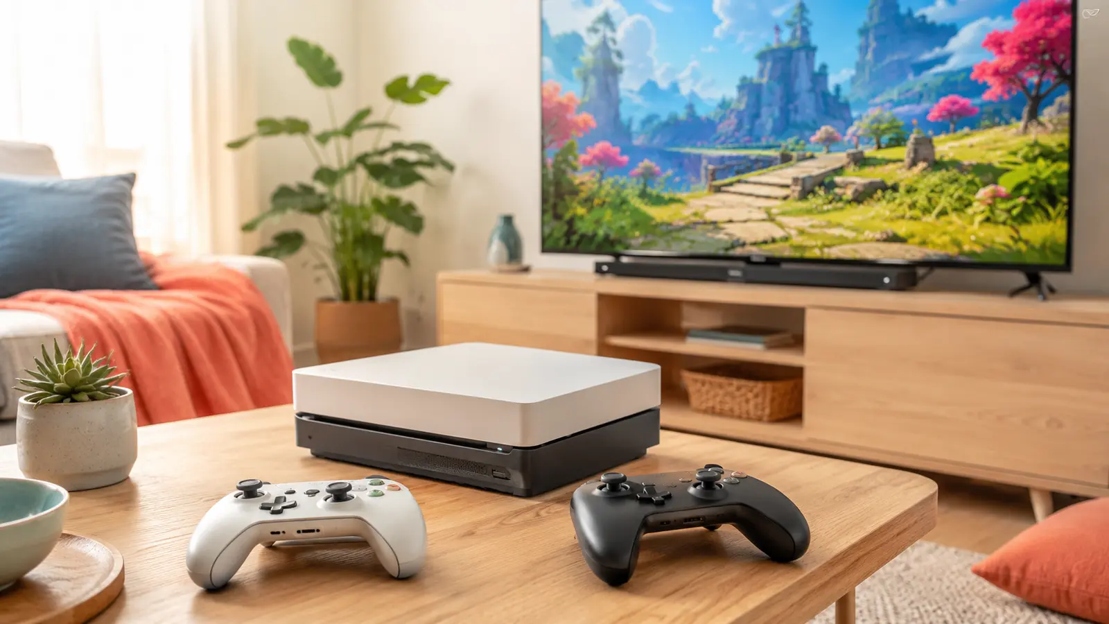 リビングに置かれた家庭用ゲーム機と2台のコントローラー
