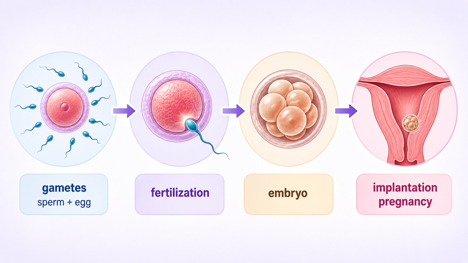 gametesであるspermとeggがfertilizationを経てembryoとなり子宮へimplantationしてpregnancyへ進む流れの英語図解