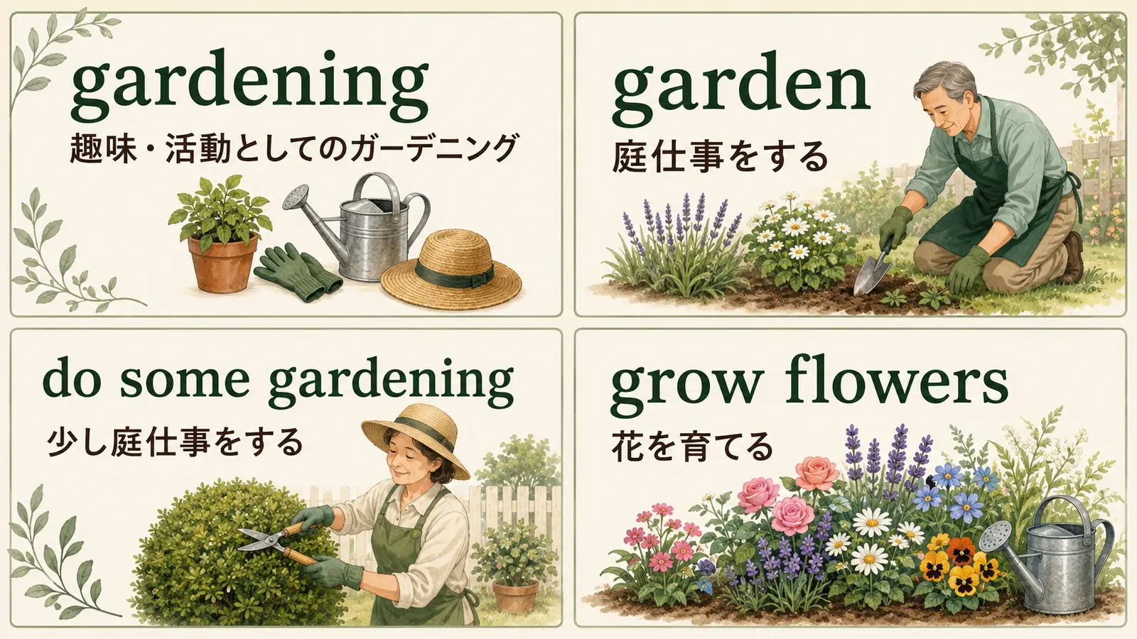 gardening・garden・do some gardening・grow flowersの違い