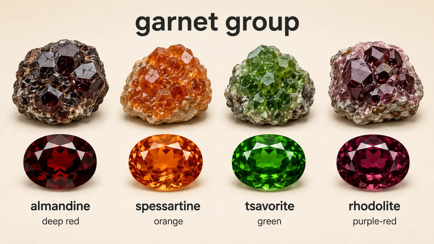 赤・オレンジ・緑・紫赤の代表的なgarnet varietiesを比較した英語図解