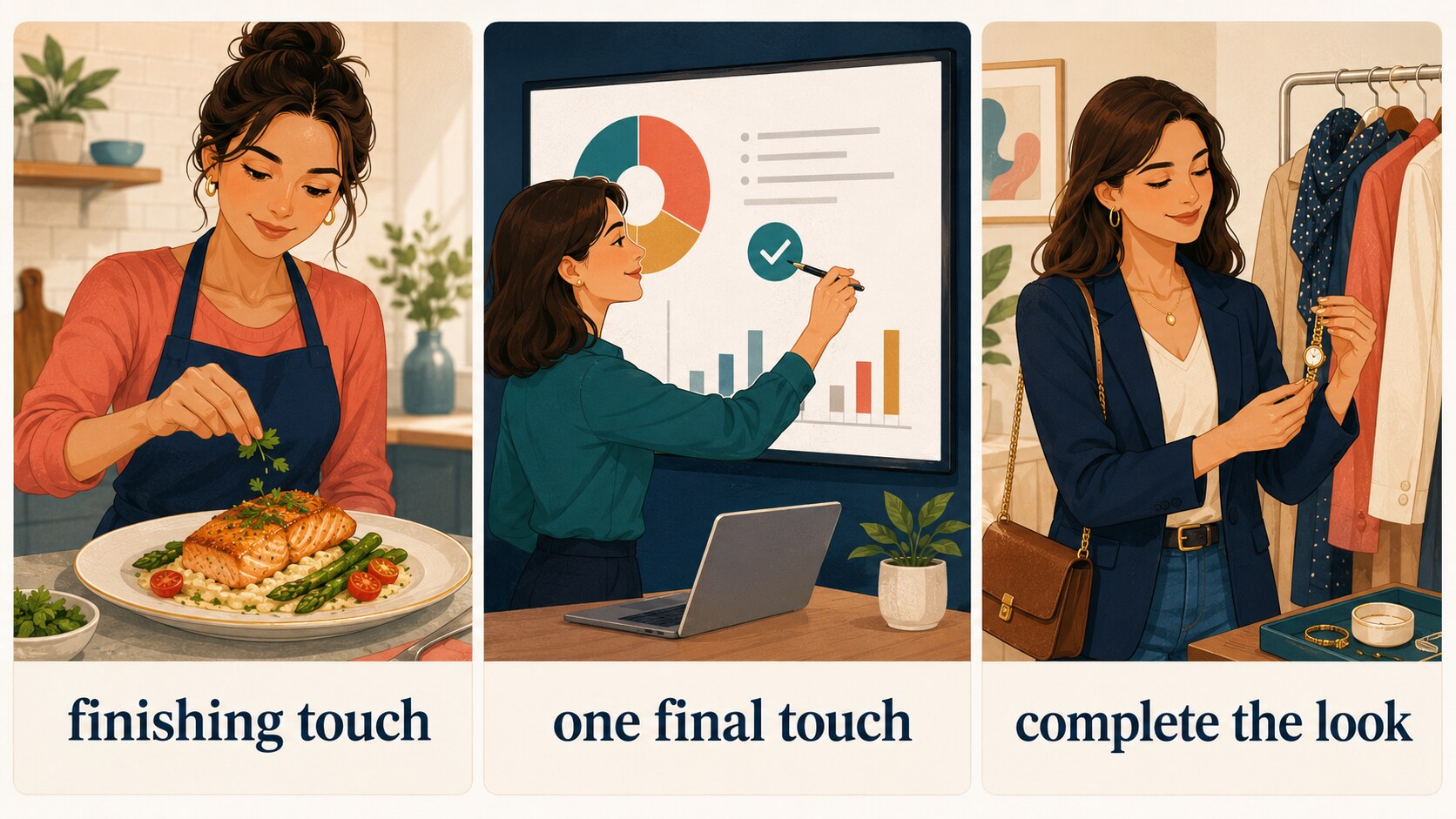 画竜点睛を finishing touch、one final touch、complete the look で表す場面別イラスト