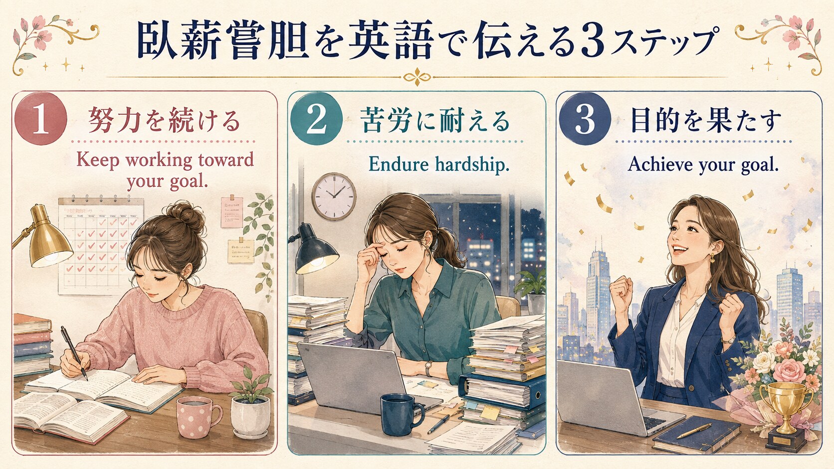 臥薪嘗胆を英語で伝える努力・忍耐・目標達成の3ステップ