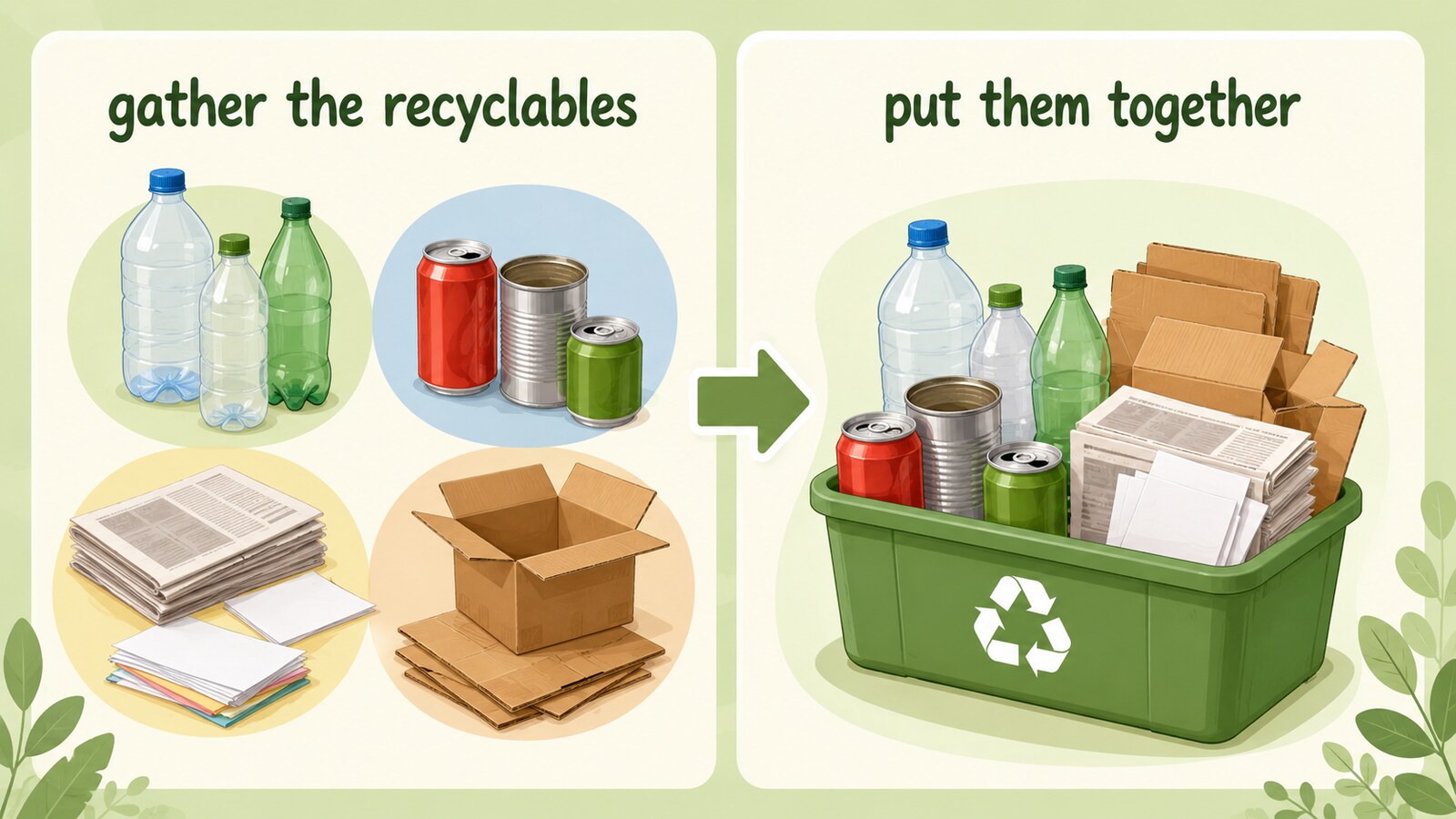 gather the recyclablesとput them togetherの言い換え図