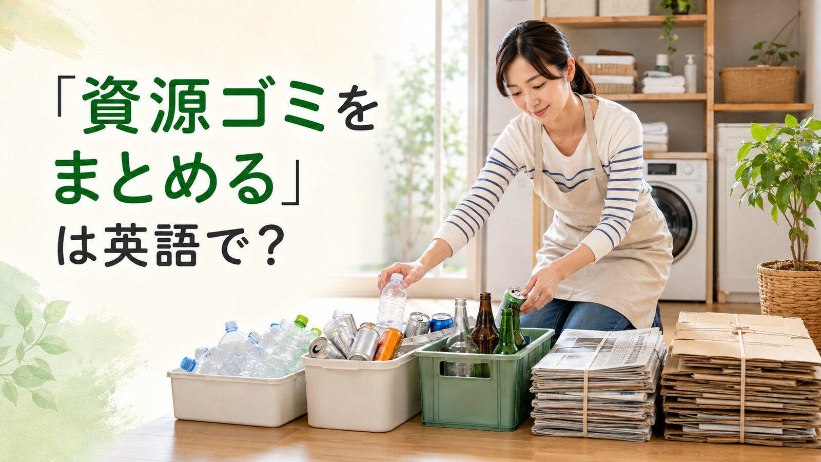 瓶・缶・ペットボトル・新聞・段ボールを種類別にまとめる女性