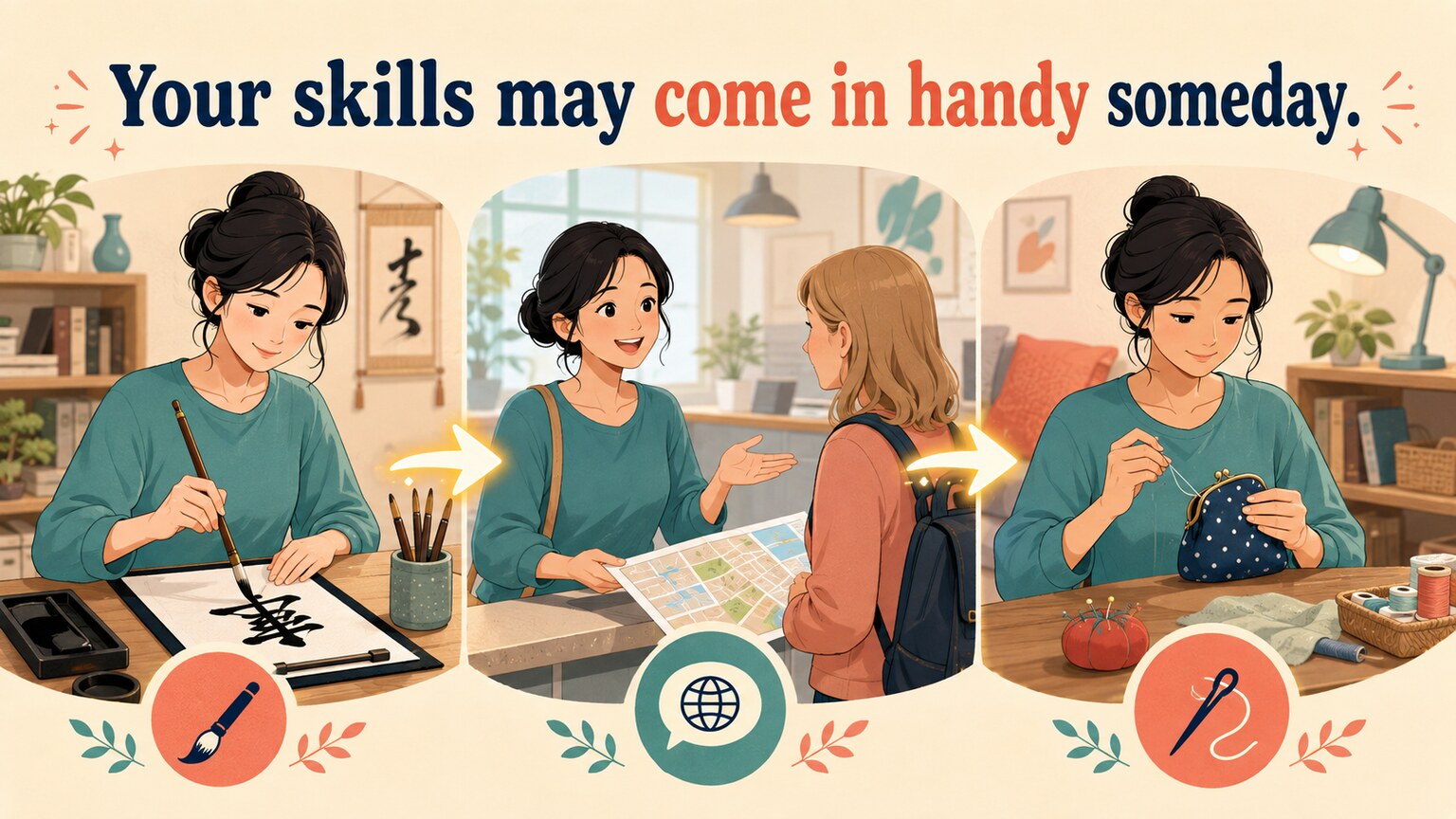 Your skills may come in handy someday. を複数の技能で解説するイラスト